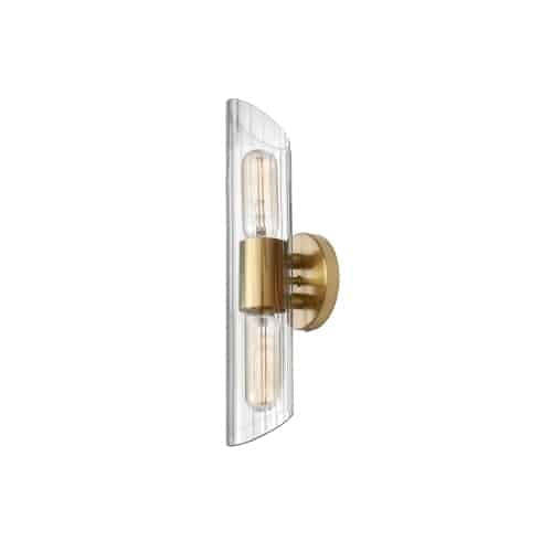 Dainolite Samantha 2 Light Vanity Light Short Aged Brass Clear Fluted Glass Lamp|Petite lumière de coiffeuse Samantha de Dainolite en verre cannelé transparent, avec finition en laiton vieilli et 2 ampoules