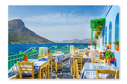 Panoramic View On Typical Greek Restaurant 28x42 Wall Art Frame And Fabric Panel| Panoramic View On Typical Greek Restaurant 28 po x 42 po : Cadre d'art mural et panneau de tissu|D44G7VV0