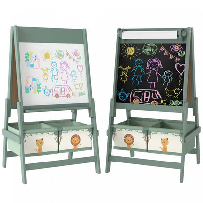 Qaba Art Easel pour enfants, chevalet double face 3-en-1 avec rouleau de papier, tableau blanc et tableau noir, 2 boîtes de rangement, cadeau pour garçons et filles de 3 à 8 ans, vert