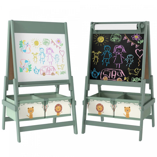 Qaba Art Easel pour enfants, chevalet double face 3-en-1 avec rouleau de papier, tableau blanc et tableau noir, 2 boîtes de rangement, cadeau pour garçons et filles de 3 à 8 ans, vert
