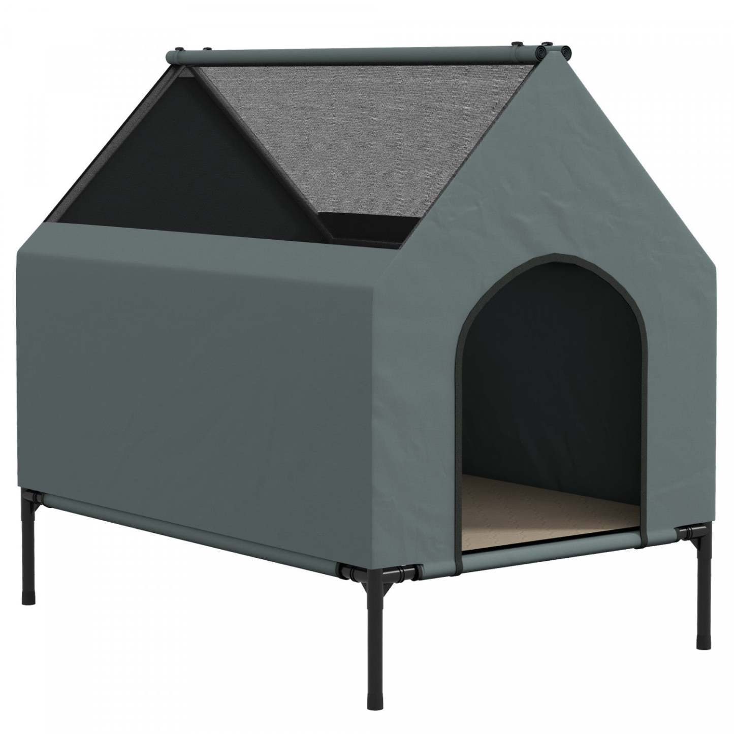 Pawhut Niche D'exterieur Pour Chien Surelevee Avec Housse Amovible, Fenetres En Maille, Sac De Range|Pawhut Dog House Outdoor, Lit pour chien surélevé avec housse amovible, fenêtres en maille, sac de rangement