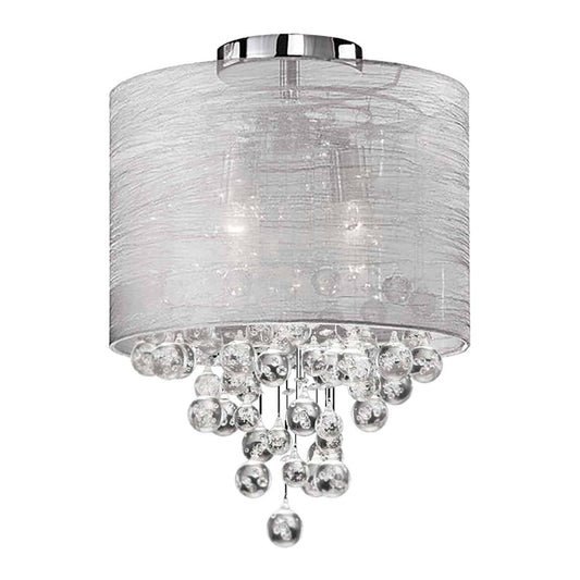 Dainolite Tahnee 2 Light Crystal Flush Mount Poli Chrome Argent/gris Organza Shade Lamp|Plafonnier affleuré Tahnee de Dainolite en cristal, avec abat-jour en organza argenté et gris, fini chromé poli et 2 ampoules