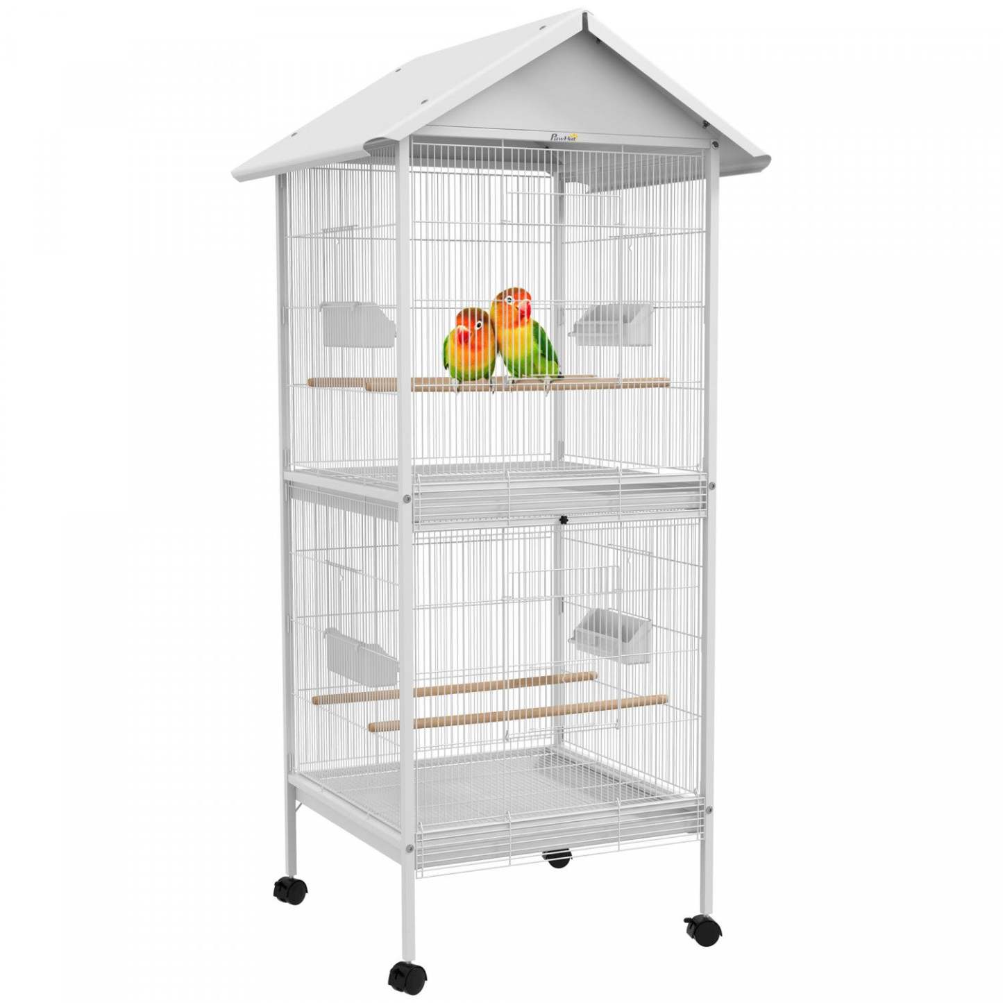 Pawhut Mangeoire Cage A Oiseaux En Metal Forge Avec Support Roulant Perchoirs Contenants Alimentaire Roues 67 H