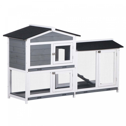 Pawhut Clapier A Lapin A 2 Etages En Bois Pour Petits Animaux Avec Rampe Et Enclos Extérieur, Gris|Pawhut 2-tier Wood Rabbit Hutch Backyard Bunny Cage Small Animal House W/ Ramp And Outdoor Run, Gray