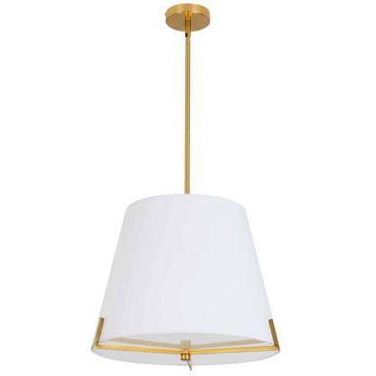 Dainolite Preston 4 Light Pendant 19 Dia Aged Brass White Fabric Shade Lamp|Luminaire suspendu Preston de Dainolite de 19 po de diamètre avec abat-jour en tissu blanc, fini laiton vieilli et 4 ampoules