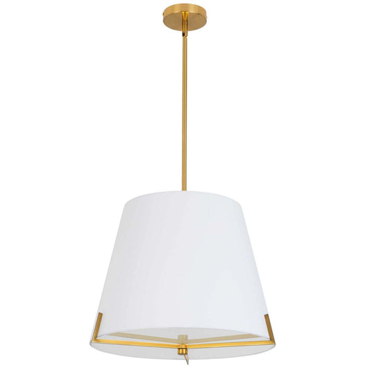 Dainolite Preston 4 Light Pendant 19 Dia Aged Brass White Fabric Shade Lamp|Luminaire suspendu Preston de Dainolite de 19 po de diamètre avec abat-jour en tissu blanc, fini laiton vieilli et 4 ampoules