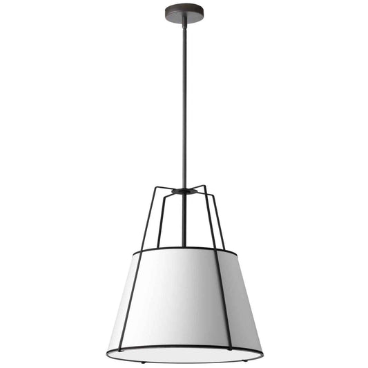 Dainolite Trapezoid 3 Light Pendant Trapezoid Black/White Shade White Fabric Diffuser Lamp|Luminaire suspendu Trapezoid de Dainolite avec abat-jour trapézoïde noir et blanc qui diffuse la lumière, tissu blanc et 3 ampoules