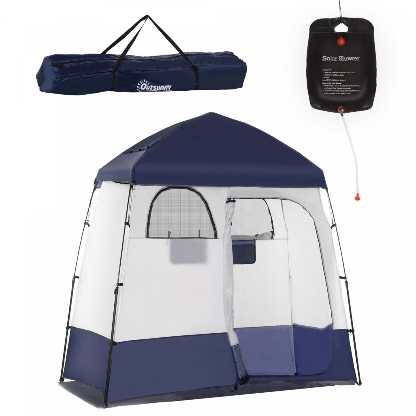Outsunny Two Room Pop Up Shower Tent W/ Shower Bag, Floor, Carry Bag, Blue|Outsunny Tente De Douche À Deux Chambres Avec Sac De Douche, Sol, Sac De Transport, Bleu
