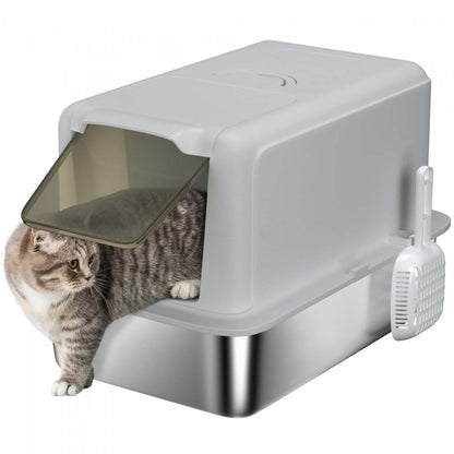Pawhut Bac à Litière Extra Large pour Chats avec Pelle, Bac à Litière en Acier Inoxydable avec Couvercle Amovible pour Chats de Petite à Grande Taille, Facile à Nettoyer, Gris