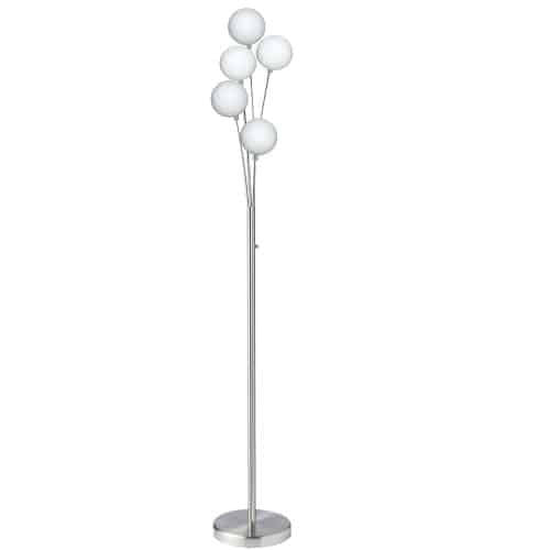Dainolite Budding Branch 5 Light Lampadaire Satin Chrome Finish White Glass|Lampe à pied Budding Branch de Dainolite en verre blanc, avec finition chromé satiné et 5 ampoules