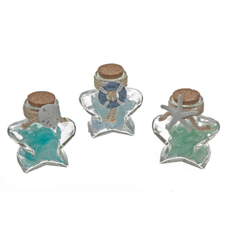 Star Bottled Glass Rocks and Seashells with Decor - Set de 6|Bouteille en verre en forme d'étoile avec pierres, coquillages et décorations - ensemble de 6