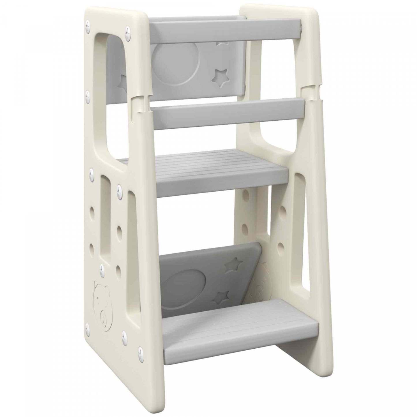 Qaba Tabouret A 2 Marches Pour Bambin Avec Plateforme A Hauteur Reglable Et Rail De Securite, Crème