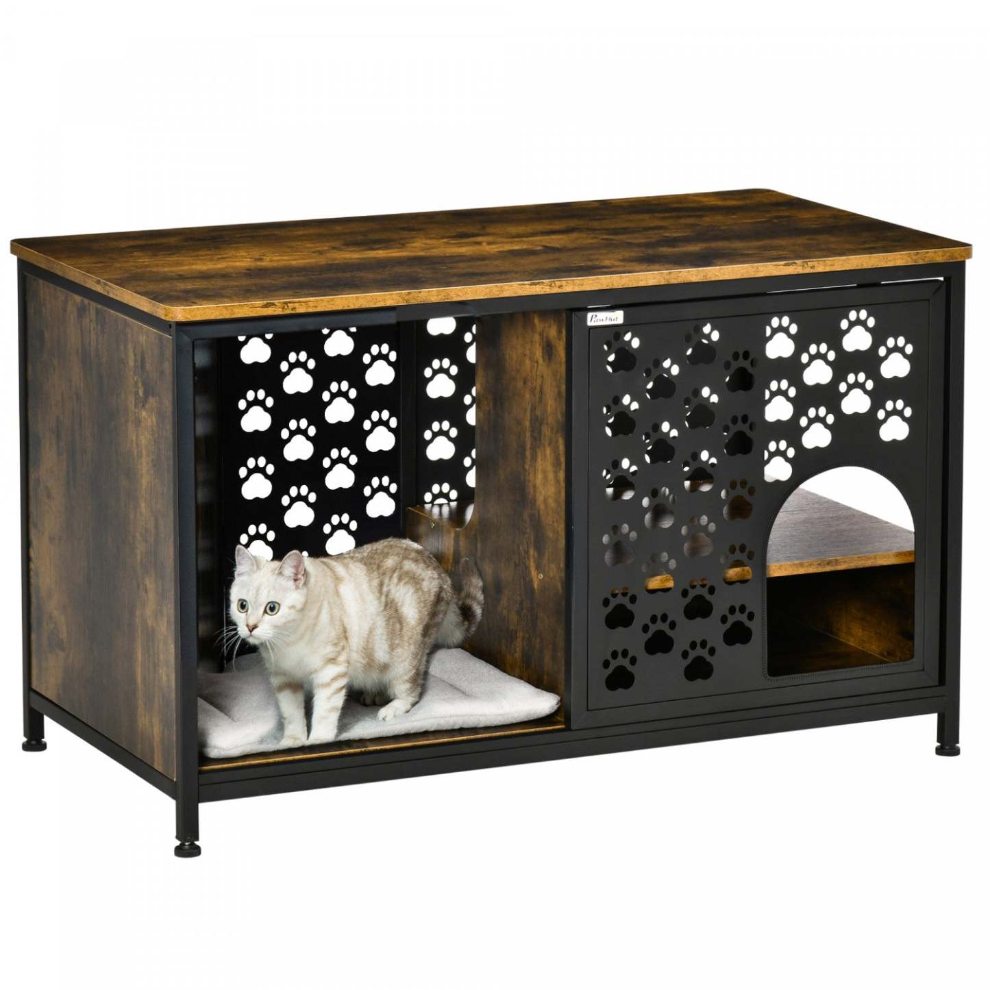 Pawhut Maison en Bois pour Chat Table de Fin de Meuble Style Abri pour Chat Lit avec Coussin Lavable Cachette C|Pawhut 2 En 1 Maison Pour Chat Niche Pour Chat Table Basse Avec Coussin Moelleux Étagère de Rangement