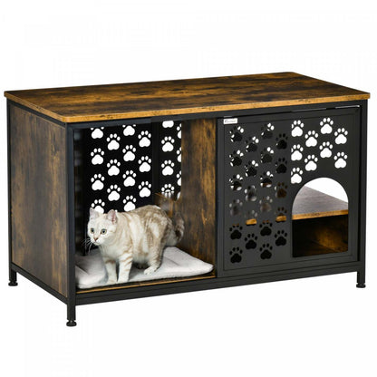 Pawhut Maison en Bois pour Chat Table de Fin de Meuble Style Abri pour Chat Lit avec Coussin Lavable Cachette C|Pawhut 2 En 1 Maison Pour Chat Niche Pour Chat Table Basse Avec Coussin Moelleux Étagère de Rangement