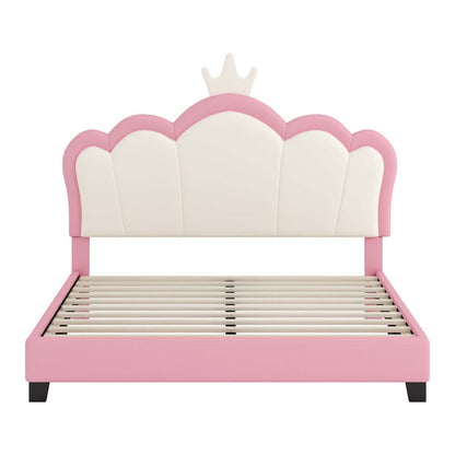 Lit princesse rembourré Judson avec tête de lit couronne et cadre plateforme en PU, pleine taille, lit double rose | Lit Princesse Judson Tapisse Avec Tête De Lit En Forme De Couronne Et Cadre Plateforme En Pu, Taille Full, Rose