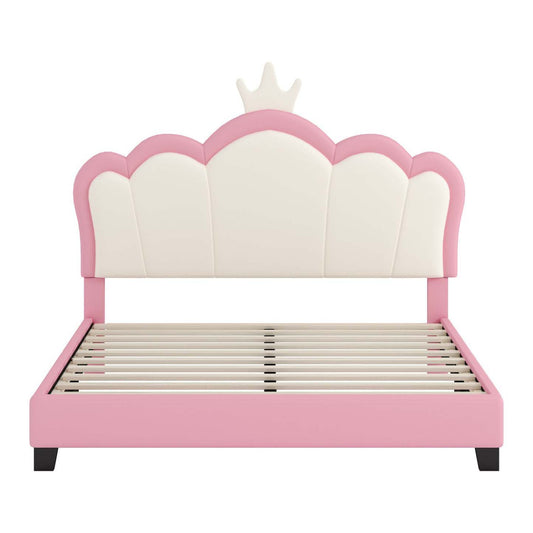 Lit princesse rembourré Judson avec tête de lit couronne et cadre plateforme en PU, pleine taille, lit double rose | Lit Princesse Judson Tapisse Avec Tête De Lit En Forme De Couronne Et Cadre Plateforme En Pu, Taille Full, Rose