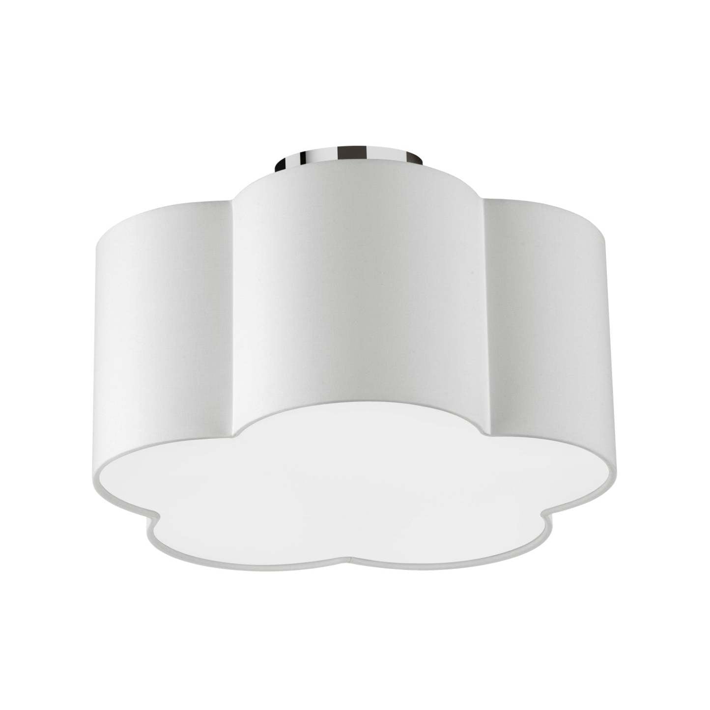 Dainolite Phlox 3 Light Flush Mount Small Polished Chrome White Shade Lamp|Petit plafonnier affleuré Phlox de Dainolite avec abat-jour blanc, finition chrome poli et 3 ampoules