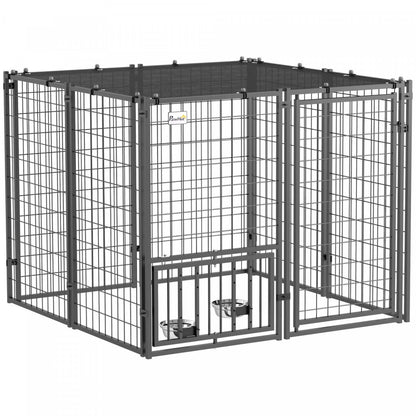 Pawhut Enclos pour Chien Extérieur, Chenil en Fil Soudé avec 4 Niveaux de Bols pour Chien réglables et Rotatifs, Couverture Anti-soleil, Verrou Sécurisé, Pour Chiens de Petite et Moyenne Taille, 4.6' X 4.6' X 3.7'