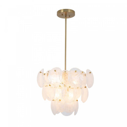 Lustre A 8 lampes Lily, Laiton Brosse Et Verre Genre Murano Blanc Vaporeux