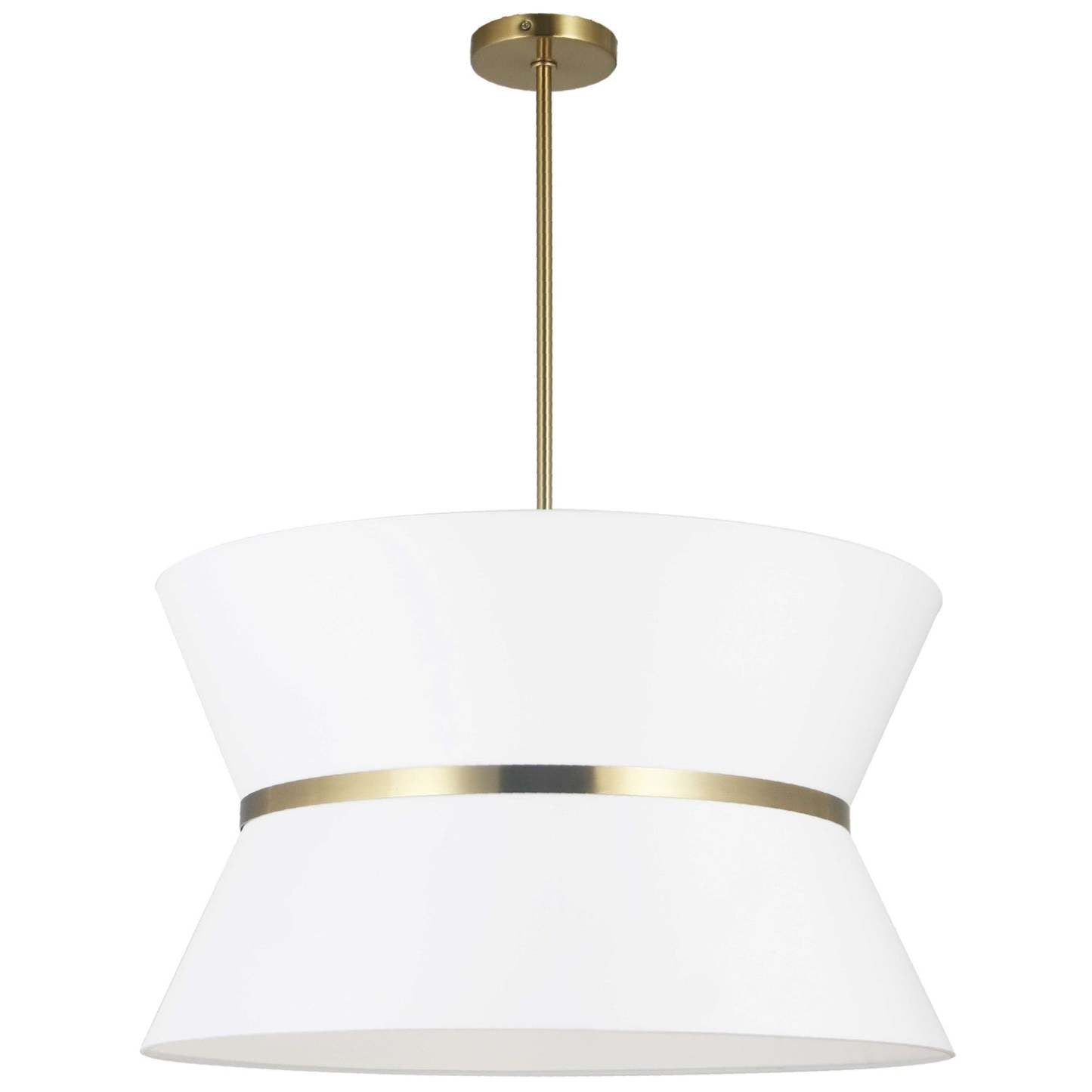 Dainolite Caterine 4 Light Pendant 24 Dia Aged Brass Finish Gold Ring/White Shade Lamp|Luminaire suspendu Caterine de Dainolite de 24 po de diamètre, avec abat-jour blanc, anneau argenté, fini laiton vieilli et 4 ampoules