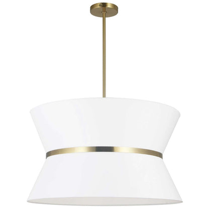Dainolite Caterine 4 Light Pendant 24 Dia Aged Brass Finish Gold Ring/White Shade Lamp|Luminaire suspendu Caterine de Dainolite de 24 po de diamètre, avec abat-jour blanc, anneau argenté, fini laiton vieilli et 4 ampoules