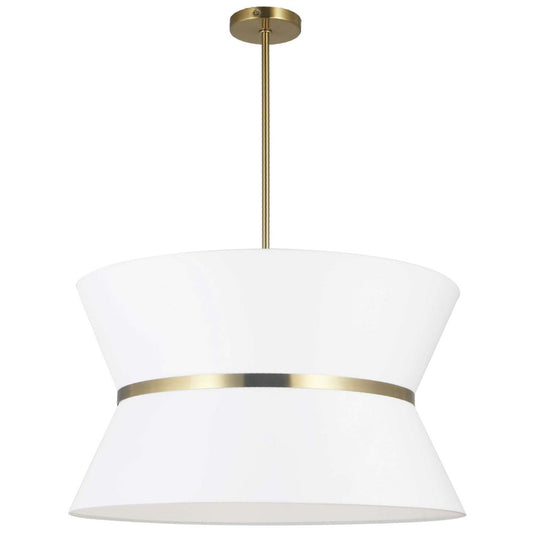 Dainolite Caterine 4 Light Pendant 24 Dia Aged Brass Finish Gold Ring/White Shade Lamp|Luminaire suspendu Caterine de Dainolite de 24 po de diamètre, avec abat-jour blanc, anneau argenté, fini laiton vieilli et 4 ampoules