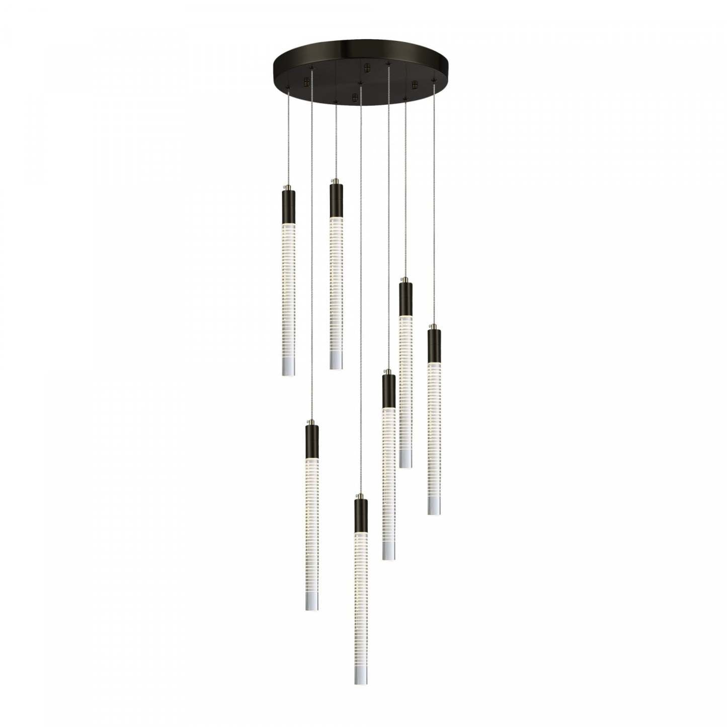 Lustre à LED intégré à 7 lumières Celine, noir avec lampe à tiges de verre doublées au laser | Lustre A 7 lampes A Del Integree Celine, Noir Avec Tiges En Verre Rayées Au Laser