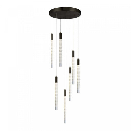 Lustre à LED intégré à 7 lumières Celine, noir avec lampe à tiges de verre doublées au laser | Lustre A 7 lampes A Del Integree Celine, Noir Avec Tiges En Verre Rayées Au Laser