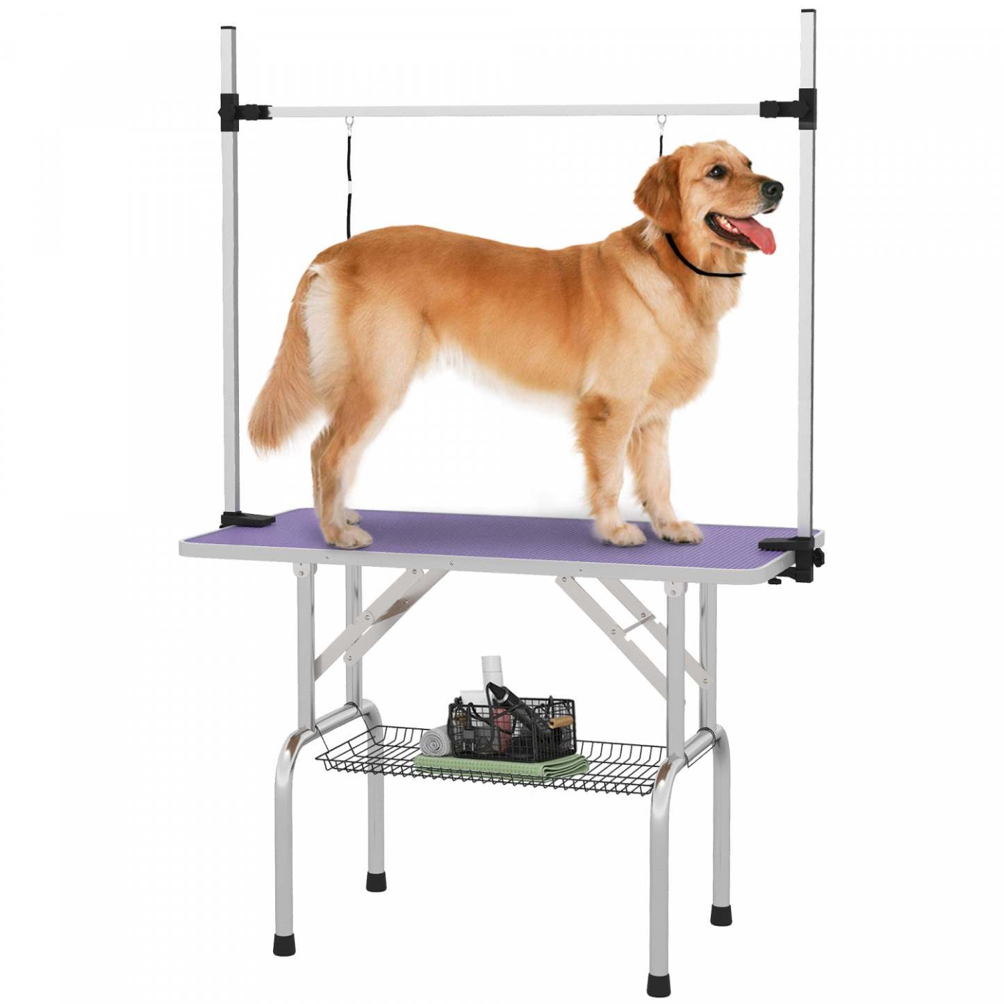 Pawhut Table De Toilettage réglable Pour Chien, Dessus En Caoutchouc, 2 Sangles De Sécurité, Panier De Rangement En Maille, Métal Lourd