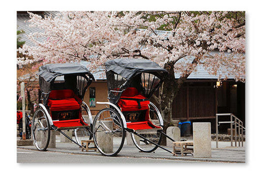 Cadre mural et panneau de tissu représentant un rickshaw japonais avec un cerisier en fleurs (24 x 36 po) | D44GCT73