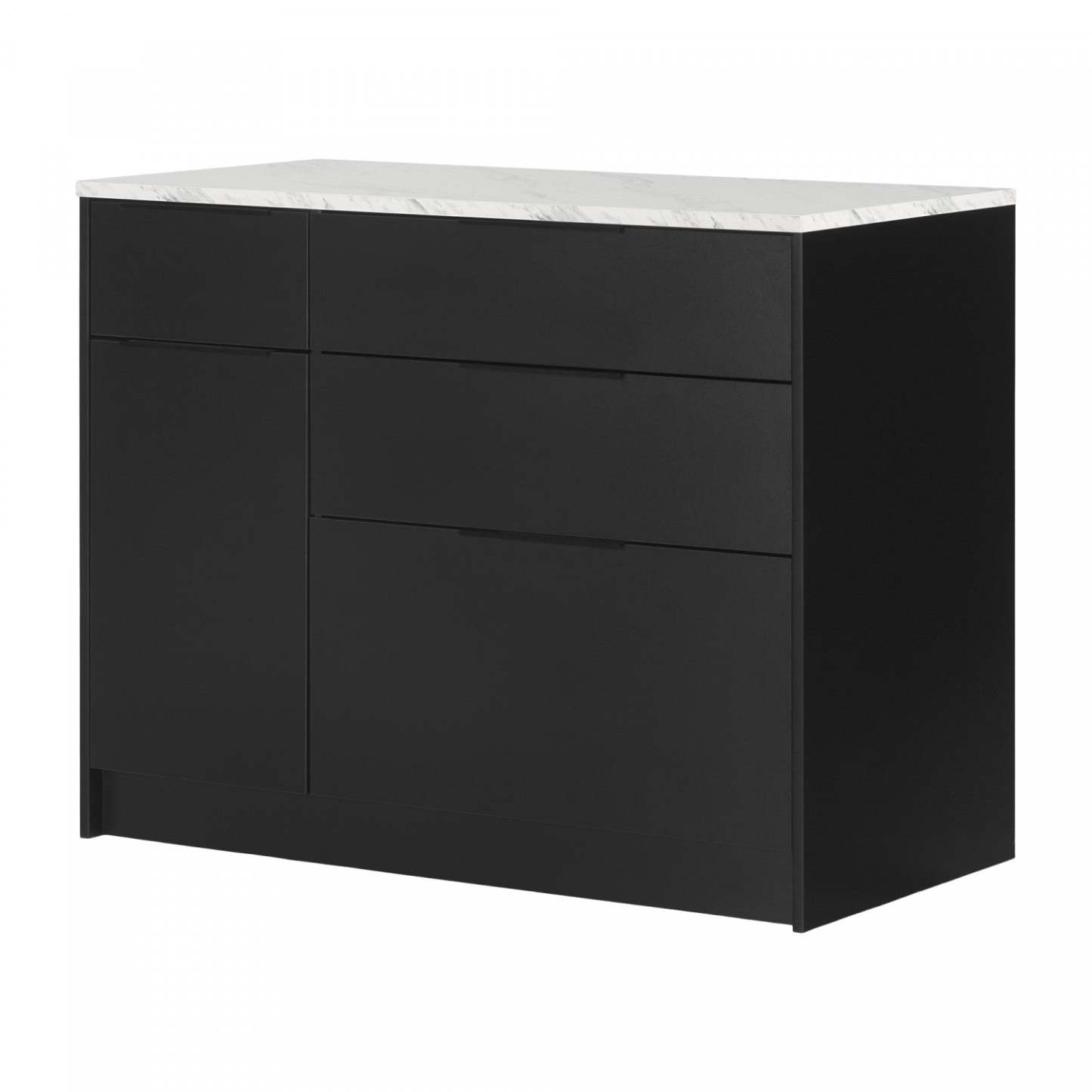 Olio Ilot De Cuisine Avec Porte Et Tiroirs - Noir Mat Et Faux Marbre Blanc | Olio Kitchen Island With Door And Drawers - Matte Black And Faux White Marble
