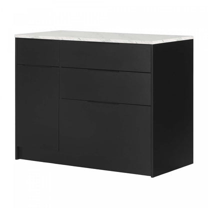 Olio Ilot De Cuisine Avec Porte Et Tiroirs - Noir Mat Et Faux Marbre Blanc | Olio Kitchen Island With Door And Drawers - Matte Black And Faux White Marble