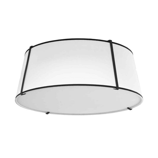 Dainolite Trapezoid 4 Light Flush Mount Tapered Drum Shaped Black/White Shade White Fabric Diffuser Lamp|Plafonnier affleuré Trapezoid de Dainolite avec abat-jour cylindrique effilé noir et blanc qui diffuse la lumière, tissu blanc et 4 ampoules