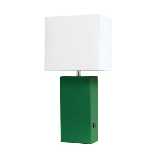 Lampe de table moderne Elegant Designs en cuir avec USB et abat-jour en tissu blanc, verte|Lampe de table moderne Elegant Designs en cuir avec USB, verte|D219NX1I