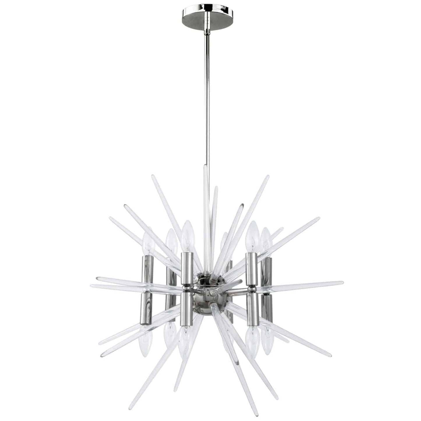 Dainolite Vela 12 Light Chandelier Polished Chrome Finish Clear Acrylic Spikes Lamp|Lustre Vela de Dainolite à pointes en acrylique transparent, avec fini chromé poli et 12 ampoules