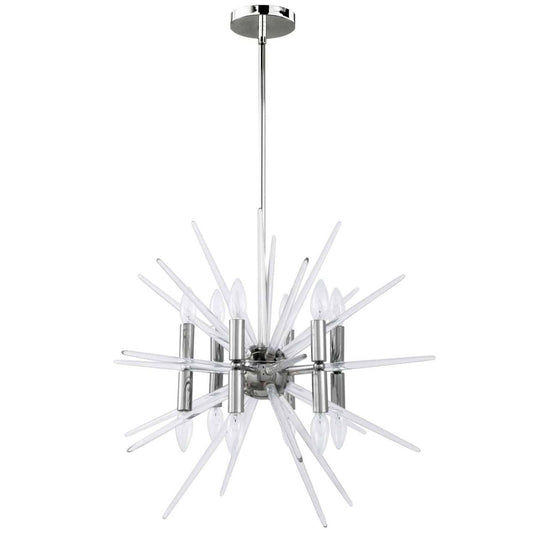 Dainolite Vela 12 Light Chandelier Polished Chrome Finish Clear Acrylic Spikes Lamp|Lustre Vela de Dainolite à pointes en acrylique transparent, avec fini chromé poli et 12 ampoules
