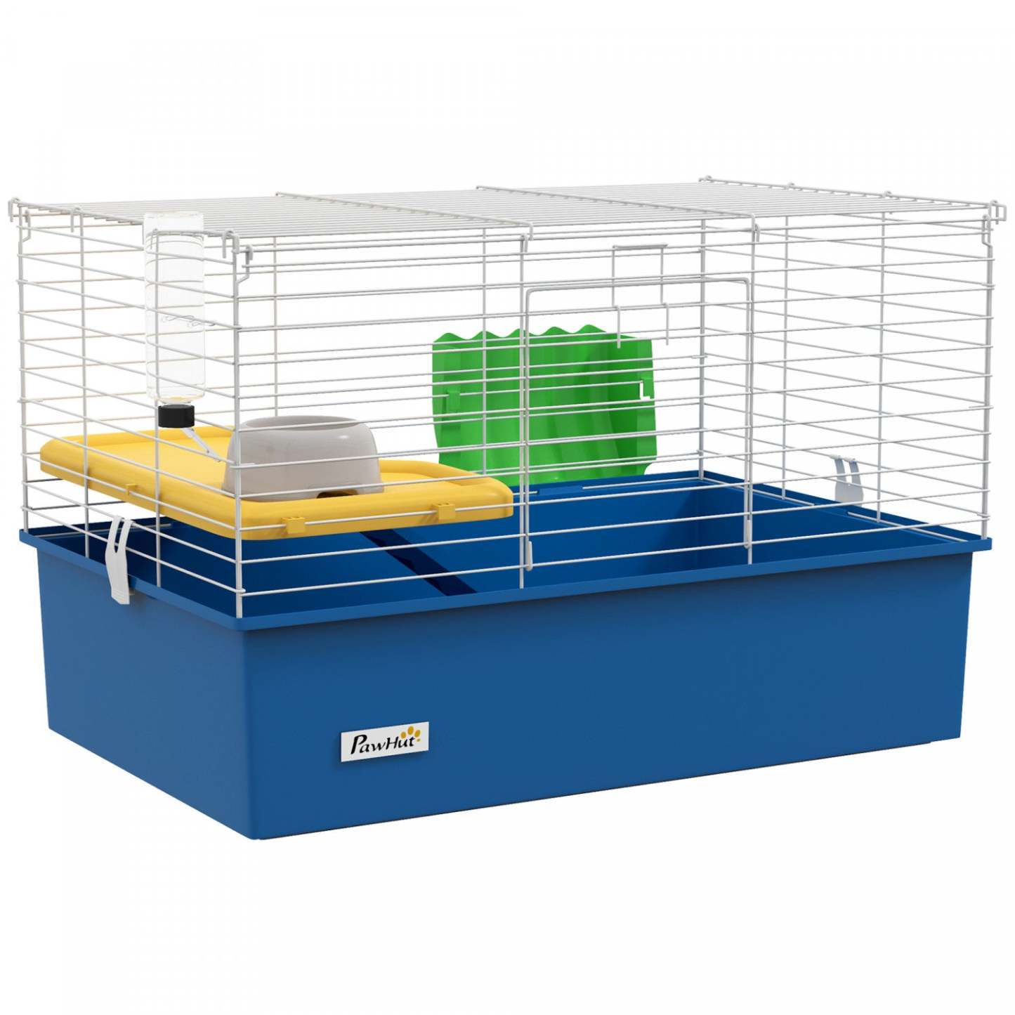 Pawhut 28 L Cage à Lapin, Grande Cage à Cobaye Cage pour Petit Animal avec Bouteille d'Eau, Plat, Plateforme, Rampe, Pour Furet, Chinchilla, Bleu