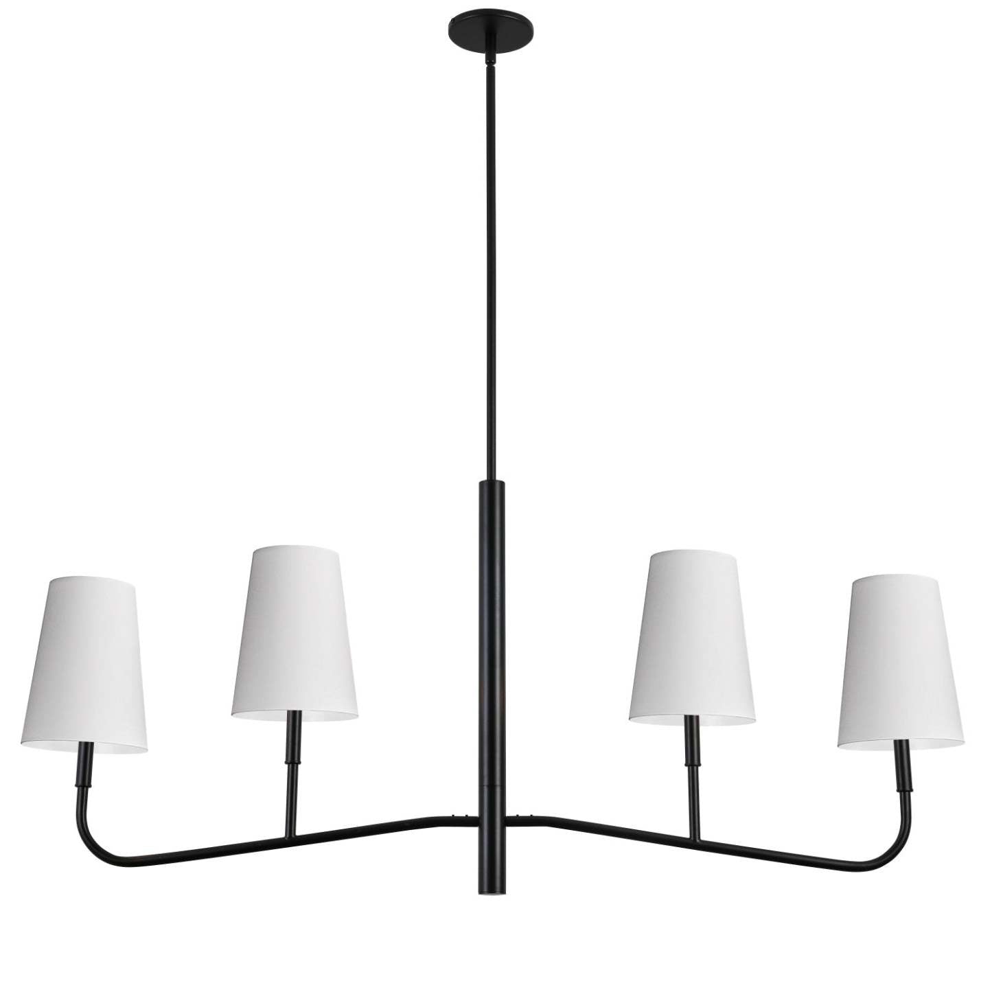 Dainolite Eleanor 4 Light Horizontal Chandelier Matte Black White Shades Lamp|Lustre horizontal Eleanor de Dainolite avec abat-jour blancs, fini noir mat et 4 ampoules
