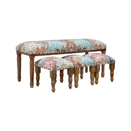 Ensemble banc et tabourets en bois 4 pièces Crescent Twirl Benches|Ensemble banc et tabourets 4 pièces en bois à motif de tourbillons en croissant