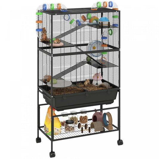 Cage à hamster grande Pawhut avec 7 bacs profonds, cage à gerbille à 5 niveaux avec étagère de rangement, grande roue d'exercice, système de tubes, cabane, plateformes, rampes, pour syrien, gerbille, rat