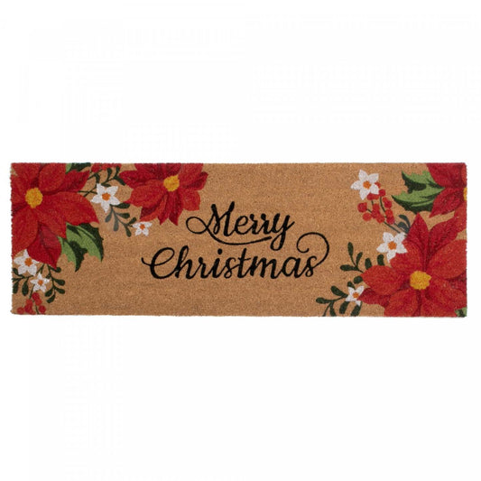 Paillasson en coco Poinsettia Joyeux Noël 16 x 48 Tapis de sol|Paillasson 16 x 48 en fibre de coco orné de poinsettias et « Joyeux Noël »