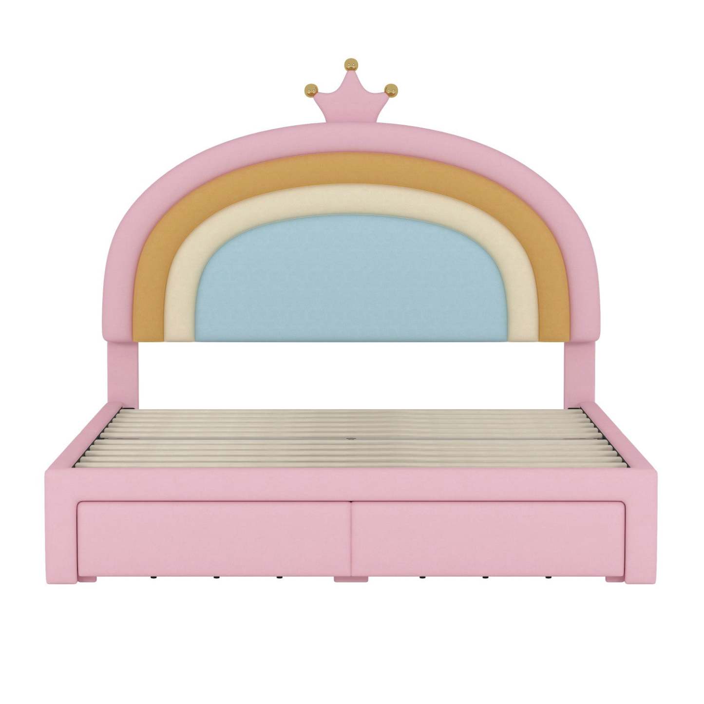 Maggie Upholstered Rainbow Princess Bed With Storage Drawer And Velvet Platform Frame,full Size,pink Full Bed | Lit Princesse Arc-en-ciel Maggie Tapisse Avec Tiroir De Rangement Et Cadre Plateforme En Velours, Taille Full, Rose
