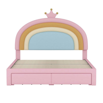 Maggie Upholstered Rainbow Princess Bed With Storage Drawer And Velvet Platform Frame,full Size,pink Full Bed | Lit Princesse Arc-en-ciel Maggie Tapisse Avec Tiroir De Rangement Et Cadre Plateforme En Velours, Taille Full, Rose