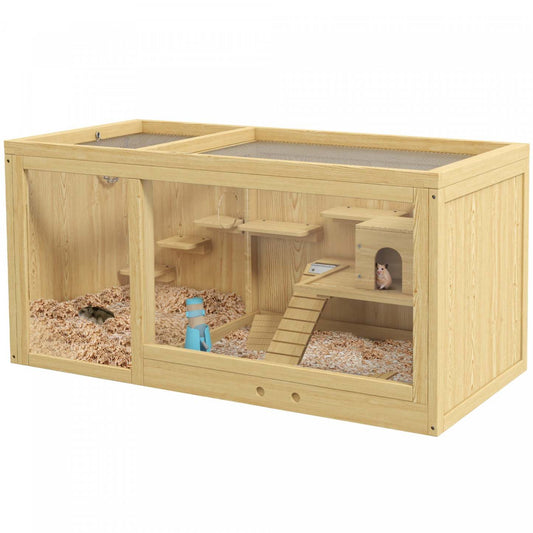 Cage en bois Pawhut pour hamster, cage à souris multi-niveaux avec tiroir coulissant, balançoires, bouteille d'eau, échelle, habitats pour petits animaux pour hamster nain, gerbille