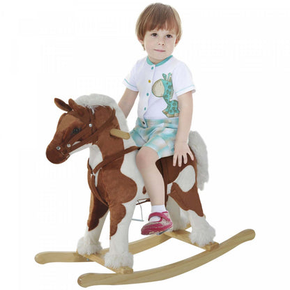 Qaba Kids Cheval à Bascule Jouet Pour Tout-Petit 3 Ans Avec Musique de Comptine et Lumière | Qaba Cheval à Bascule Jouet Peluche Avec Musique Comptine - Marron Clair / Blanc