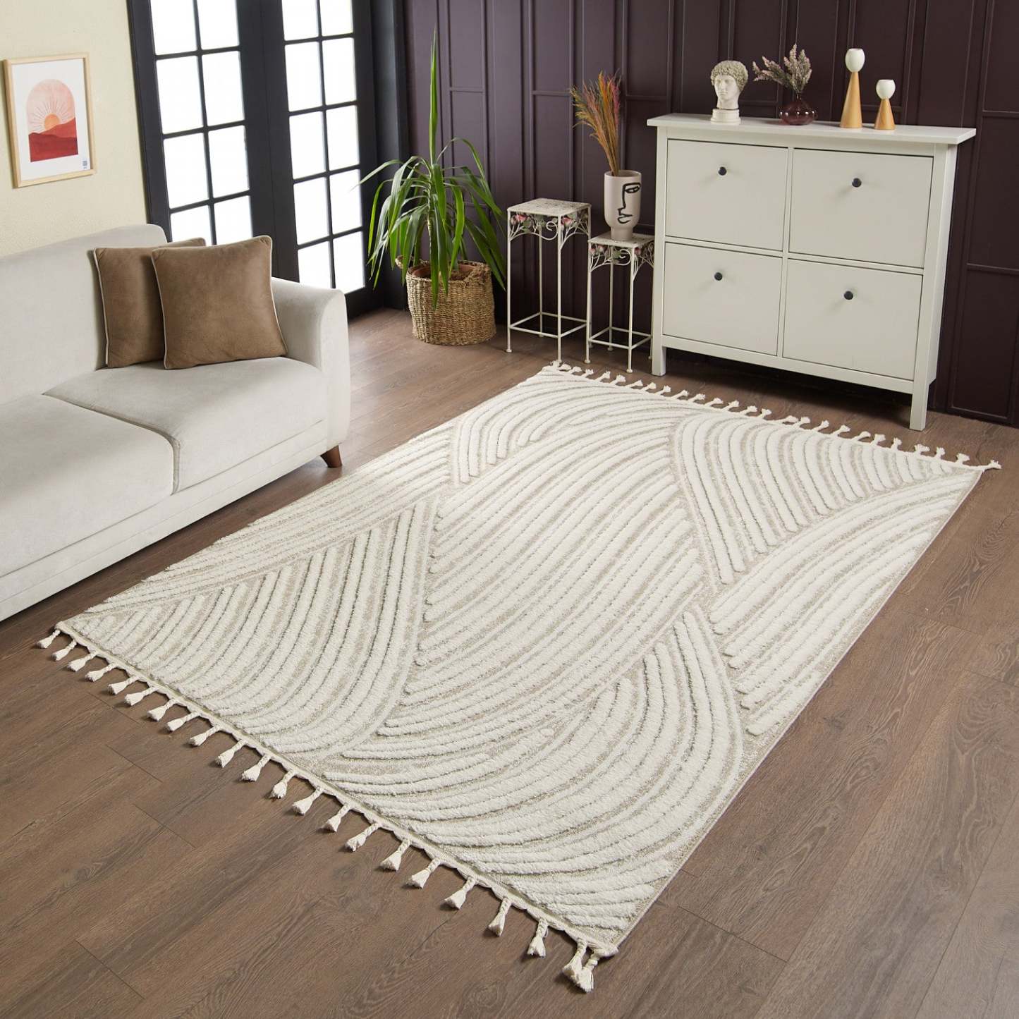 Quinto Brushed Beige Waves Shag Area Rug - 7'7 x 10'|Carpette à poils longs brossé Quinto à motif de vagues - 7 pi 7 po x 10 pi