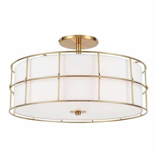 Dainolite Alcala 3 Light Semi-flush Mount Aged Brass Finish White Shade Lamp|Plafonnier semi-affleuré Alcala de Dainolite avec abat-jour blanc, fini laiton vieilli et 3 ampoules