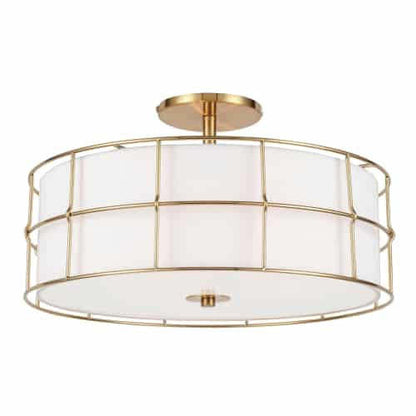 Dainolite Alcala 3 Light Semi-flush Mount Aged Brass Finish White Shade Lamp|Plafonnier semi-affleuré Alcala de Dainolite avec abat-jour blanc, fini laiton vieilli et 3 ampoules