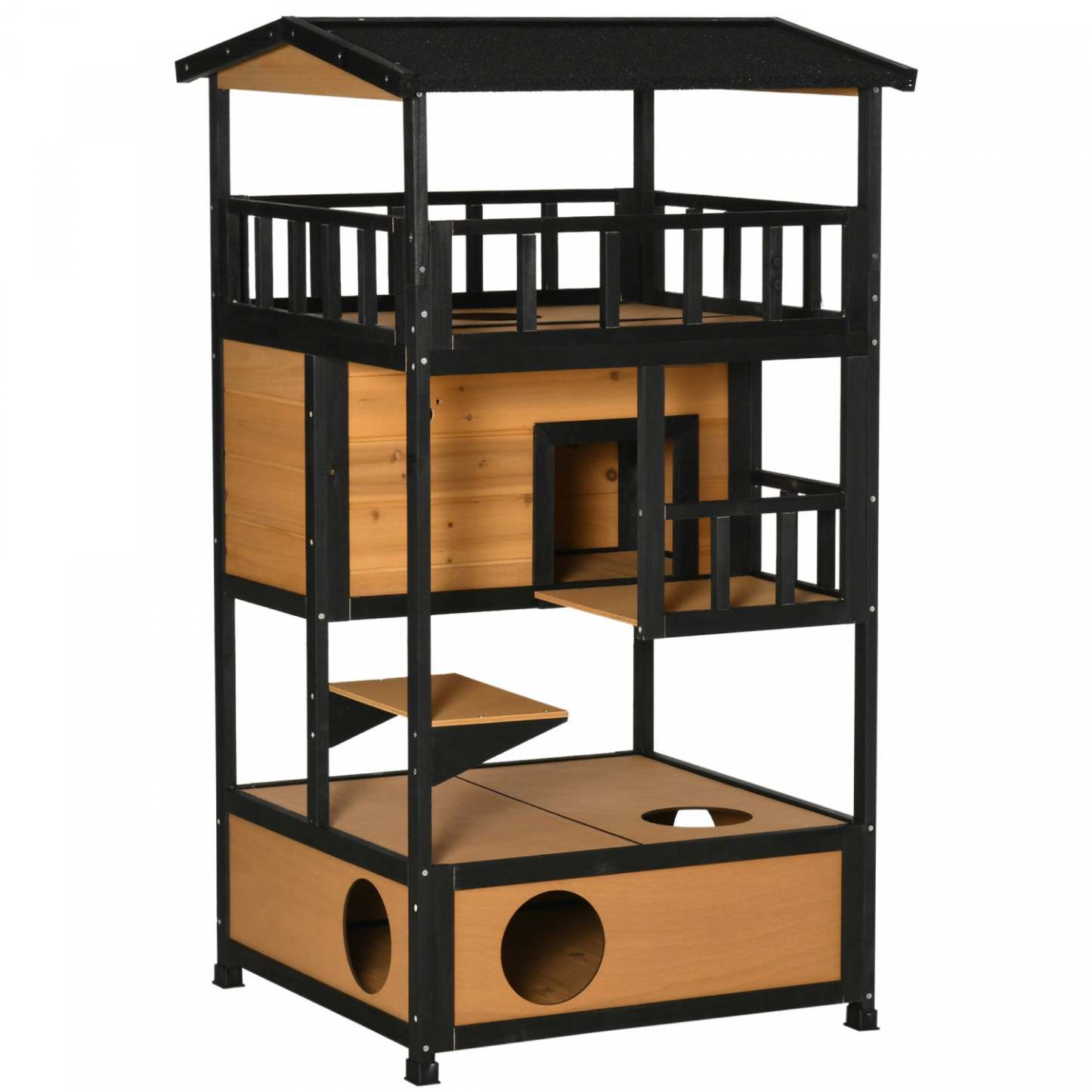 Pawhut Maison D'exterieur En Bois Pour Chat, Abri Pour Chat Sauvage, Arbre A Chaton Avec Toit En Asp