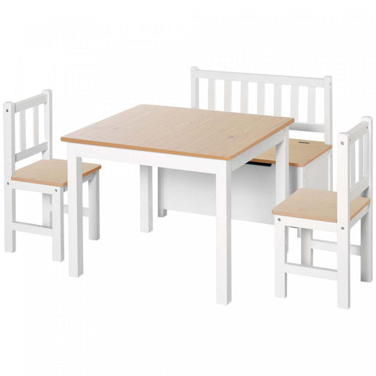 Qaba Ensemble De 4 Pièces Table Chaise Banc En Bois Pour Enfants Avec Fonction De Rangement, Facile À Nettoyer Cadeau Pour Filles Garçons